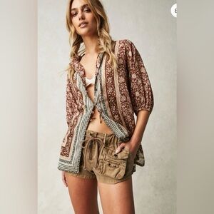 We The Free Batik Border cotton Bohemian Brown Floral Oversized Women's Top sz M